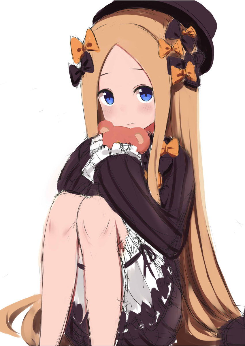 1girl abigail_williams_(fate/grand_order) absurdres bangs black_bow black_dress black_hat blonde_hair bloomers blue_eyes blush bow bug butterfly closed_mouth commentary_request dress fate/grand_order fate_(series) forehead hair_bow haku_(pcts7547) hat head_tilt highres insect long_hair long_sleeves looking_at_viewer object_hug orange_bow parted_bangs simple_background sitting sketch sleeves_past_fingers sleeves_past_wrists solo stuffed_animal stuffed_toy teddy_bear underwear very_long_hair white_background white_bloomers