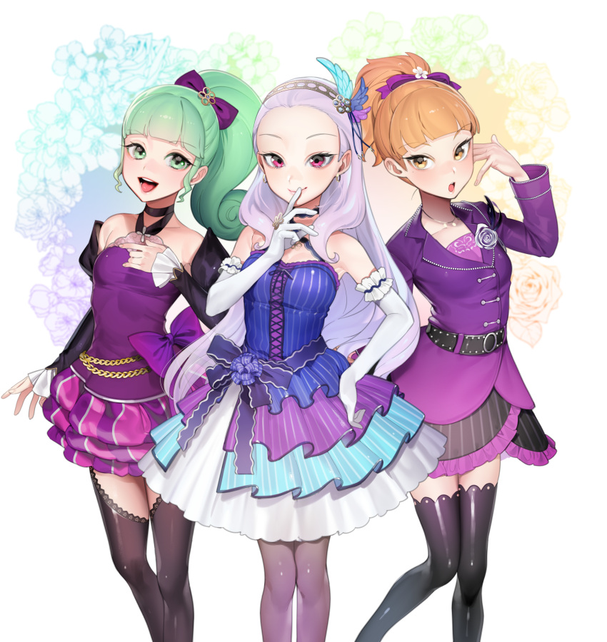 3girls :d :o absurdres bare_shoulders belt black_choker black_legwear blue_dress bow breasts choker detached_sleeves dress elbow_gloves fingernails flower gloves green_eyes green_hair grey_legwear hair_bow hair_flower hair_ornament hairband hand_on_own_chest hand_up highres jacket jewelry lavender_hair long_hair long_sleeves multiple_girls necklace ohisashiburi open_mouth orange_eyes orange_hair ponytail purple_dress purple_jacket red_eyes short_dress short_hair small_breasts smile thigh-highs very_long_hair white_gloves