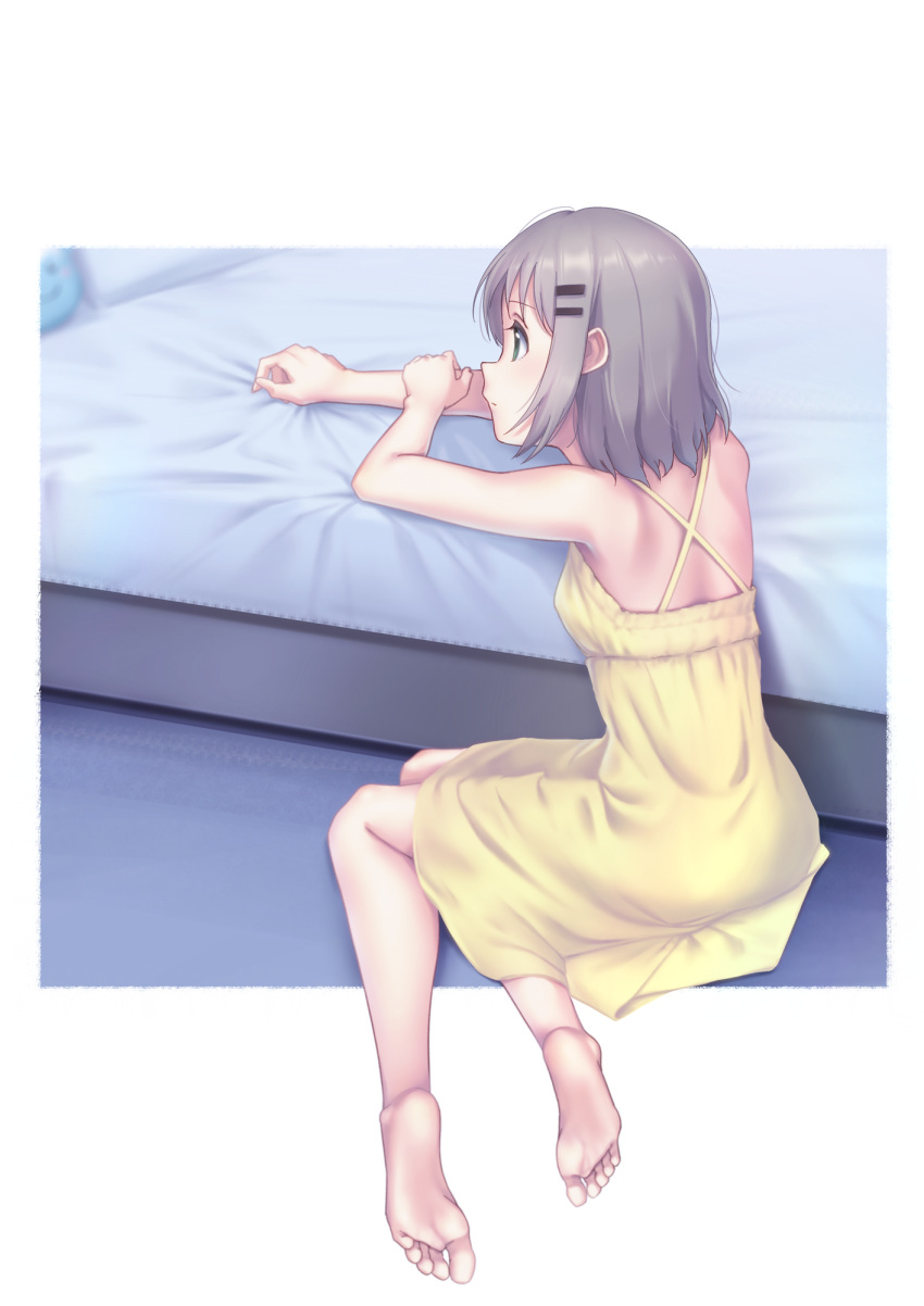 1girl back bare_arms barefoot bed bed_sheet dress feet frame from_side green_eyes grey_hair hair_ornament hairclip highres holding_own_arm indoors looking_away meda pillow short_hair sitting sleeveless sleeveless_dress solo sundress yama_no_susume yokozuwari yukimura_aoi