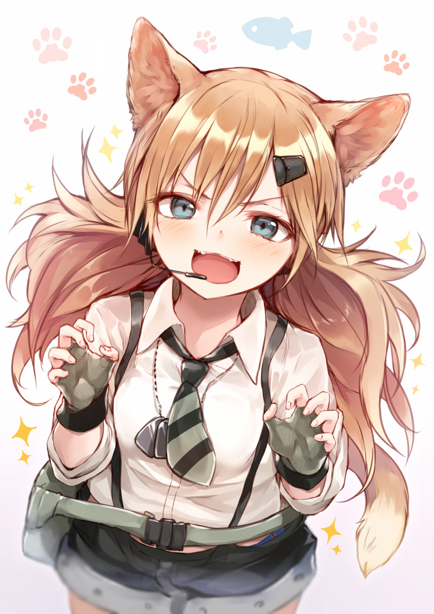 1girl :d animal_ears bangs black_shorts blue_eyes blush breasts cat_ears cat_girl cat_tail collared_shirt commentary_request dog_tags eyebrows_visible_through_hair fangs fingerless_gloves fingernails girls_frontline gloves gradient gradient_background green_gloves hair_between_eyes hair_ornament hairclip headset highres idw_(girls_frontline) light_brown_hair long_hair looking_at_viewer open_mouth purple_background shirt short_shorts shorts small_breasts smile solo sparkle sukemyon suspender_shorts suspenders tail very_long_hair white_background white_shirt