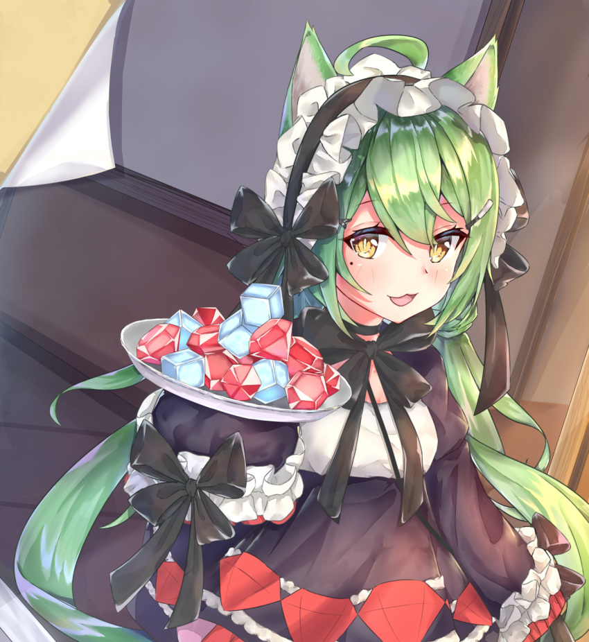 1girl :3 :d ahoge akashi_(azur_lane) animal_ears azur_lane bangs black_bow black_dress black_hairband blush bow breasts brown_eyes cat_ears commentary_request cube dress eyebrows_visible_through_hair frilled_hairband frilled_sleeves frills gem gothic_lolita green_hair hair_between_eyes hairband highres holding holding_plate indoors juliet_sleeves lolita_fashion long_hair long_sleeves looking_at_viewer mishuo_(misuo69421) mole open_mouth plate puffy_sleeves ruby_(stone) sleeves_past_fingers sleeves_past_wrists small_breasts smile solo standing very_long_hair