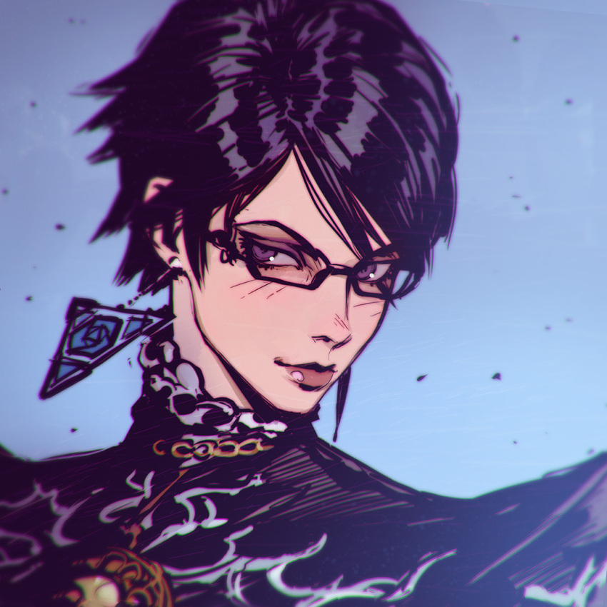 1girl alternate_hair_length alternate_hairstyle bayonetta bayonetta_(character) bayonetta_2 black-framed_eyewear black_hair brown_eyes closed_mouth earrings glasses ilya_kuvshinov jewelry lips looking_at_viewer nose short_hair smile solo upper_body violet_eyes