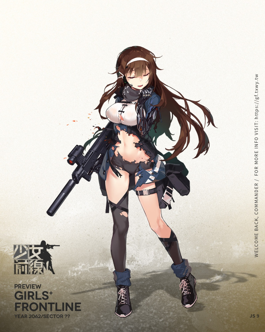 1girl armband asymmetrical_legwear bangs belt belt_pouch black_footwear black_legwear black_shorts blue_jacket breasts brown_hair bullpup character_name closed_eyes copyright_name damaged facing_viewer fangdan_runiu floating_hair framed_breasts full_body girls_frontline grey_scarf gun hair_between_eyes hair_ribbon hairband hand_up headset highres jacket js_9_(girls_frontline) js_9_mm kneehighs lace-up_shoes large_breasts logo long_hair mechanical_arm mole mole_under_eye multiple_straps navel no_bra official_art open_mouth pouch prosthesis prosthetic_arm ribbon scarf scope shirt shoes short_shorts shorts sidelocks single_kneehigh single_thighhigh snap-fit_buckle sneakers solo stomach strap submachine_gun suppressor thigh-highs thigh_pouch thigh_strap thighs tied_hair torn_clothes torn_jacket torn_shorts torn_thighhighs trigger_discipline underbust very_long_hair watermark weapon web_address white_hairband white_ribbon