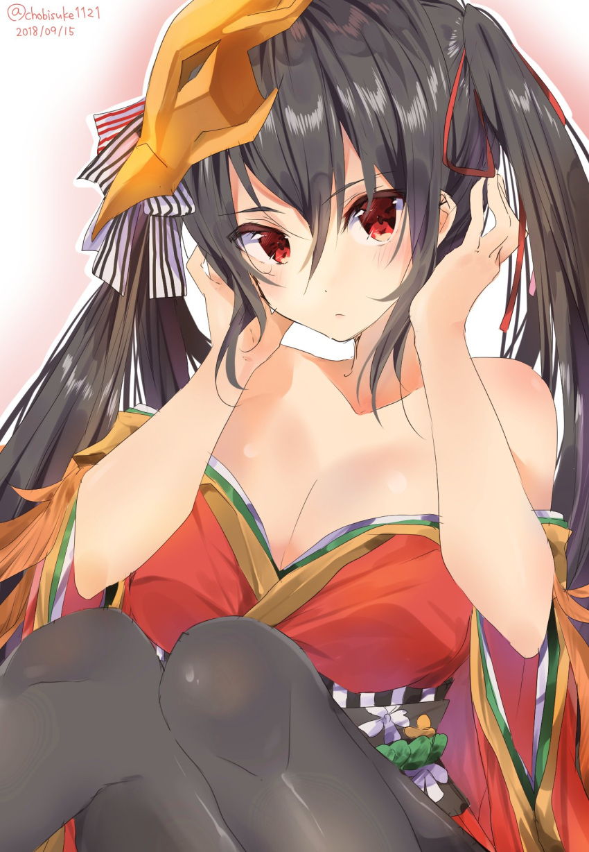 1girl 2018 azur_lane bangs bare_shoulders black_hair black_legwear breasts chobisuke_(1121) cleavage closed_mouth dated eyebrows_visible_through_hair hair_between_eyes hair_ribbon hands_up highres japanese_clothes large_breasts long_hair looking_at_viewer red_eyes red_ribbon ribbon solo taihou_(azur_lane) twintails twitter_username