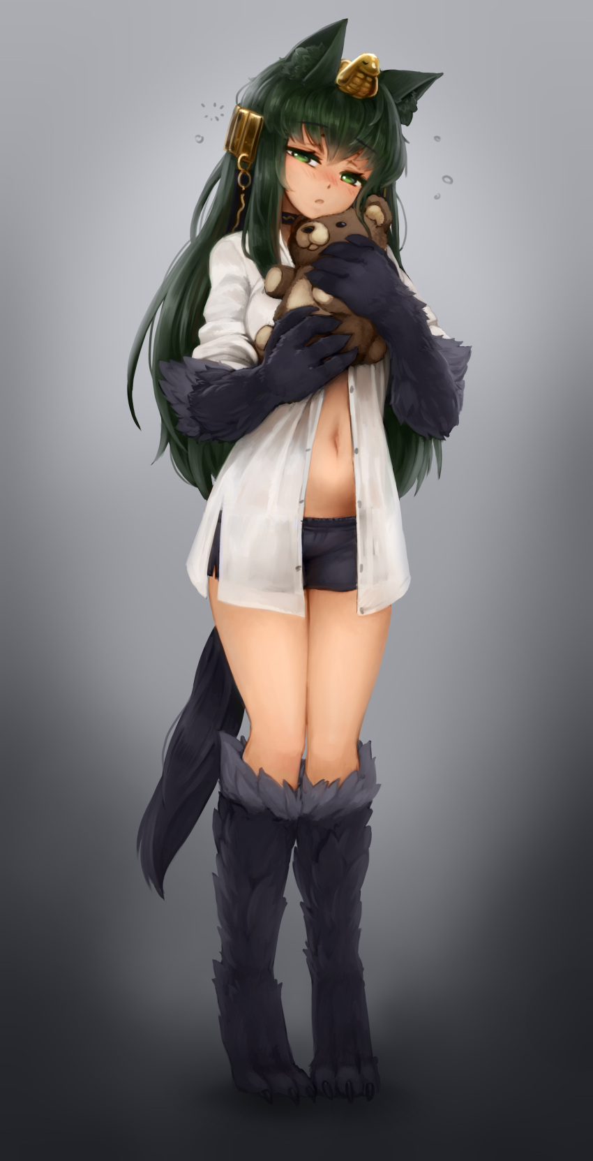 1girl absurdres animal_ears anubis_(monster_girl_encyclopedia) barbariank blush boyshorts claws commission eyebrows_visible_through_hair full_body fur gradient gradient_background green_eyes green_hair hair_between_eyes half-closed_eyes head_tilt highres jackal_ears jackal_tail jewelry long_hair looking_at_viewer monster_girl monster_girl_encyclopedia navel object_hug open_clothes open_mouth open_shirt paws shirt simple_background sleepy solo stuffed_animal stuffed_toy tail teddy_bear unbuttoned unbuttoned_shirt white_shirt