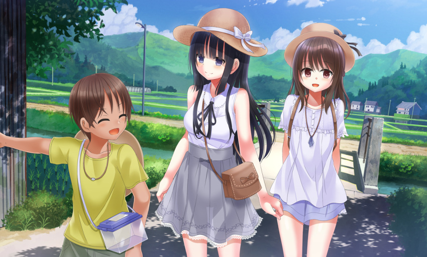 1boy 2girls bag black_hair blue_sky blush brown_eyes brown_hair building closed_eyes clouds day dress eyebrows_visible_through_hair field hat jewelry looking_at_another looking_to_the_side mountainous_horizon multiple_girls necklace open_mouth original outdoors pointing ribbon shirt shitou_(4h) short_hair skirt sky smile violet_eyes white_dress white_shirt