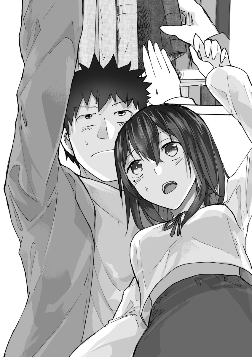 1boy 1girl araido_kagiri book bookshelf comic fujimino_daisuke height_difference height_mark highres hino_matsuri_(osananajimi_ni_najimitai) monochrome original osananajimi_ni_najimitai outstretched_arm reaching