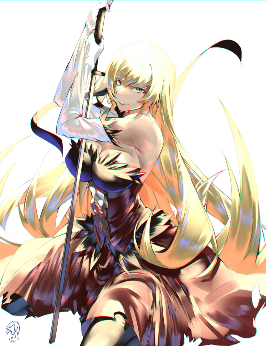 1girl absurdres bangs bare_shoulders blonde_hair breasts chromatic_aberration dorashieru dress elbow_gloves eyebrows_visible_through_hair gloves highres holding holding_sword holding_weapon kiss-shot_acerola-orion_heart-under-blade large_breasts long_hair looking_at_viewer monogatari_(series) older pointy_ears red_dress seiza sitting smile strapless strapless_dress sword sword_plant vampire very_long_hair weapon yellow_eyes