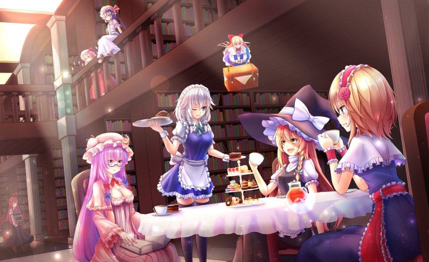 6+girls :d ;) ahoge alice_margatroid apron bangs basket bat_wings bespectacled black_dress black_hat black_legwear black_skirt black_vest blonde_hair blue_bow blue_dress blue_eyes blue_hair blue_ribbon blush book bookshelf bow bowtie braid breasts cake capelet chair charlotte_(a623024828) cleavage column commentary_request crescent crescent_hair_ornament crystal cup dress dutch_angle elbow_rest eye_contact eyebrows_visible_through_hair feet_out_of_frame flandre_scarlet flower flying food frilled_apron frilled_capelet frilled_sash frilled_sleeves frills glasses green_bow green_ribbon hair_between_eyes hair_bow hair_flower hair_ornament hairband hand_up hands_up hat hat_bow hat_ribbon head_tilt highres holding holding_basket holding_book holding_cup holding_plate holding_tray indoors izayoi_sakuya juliet_sleeves kirisame_marisa koakuma lens_flare library light_particles light_rays lolita_hairband long_hair long_sleeves looking_at_another maid maid_apron maid_headdress mary_janes medium_breasts mob_cap multiple_girls neck_ribbon necktie on_railing one_eye_closed open_mouth parted_lips patchouli_knowledge petticoat pillar pink_hat pitcher plate pointy_ears profile puffy_short_sleeves puffy_sleeves purple_dress purple_hair railing red_bow red_eyes red_flower red_footwear red_hairband red_neckwear red_ribbon red_rose red_sash red_skirt red_vest redhead remilia_scarlet ribbon rose sash shanghai_doll shirt shoes short_dress short_hair short_sleeves siblings sidelocks silver_hair single_braid sisters sitting skirt skirt_set smile standing striped table tablecloth teacup thigh-highs tiered_tray touhou tray twin_braids vertical-striped_dress vertical_stripes very_long_hair vest violet_eyes waist_apron walking white_apron white_bow white_capelet white_dress white_hat white_shirt wide_sleeves wing_collar wings witch_hat wrist_cuffs yellow_eyes zettai_ryouiki