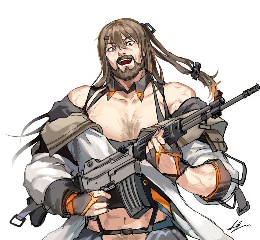 1boy abs ammunition_pouch assault_rifle bangs bare_shoulders beard black_gloves brown_eyes brown_hair chest_hair collarbone commentary daewoo_k2 detached_collar eyebrows_visible_through_hair facial_hair fingerless_gloves girls_frontline gloves gun hair_ornament hairclip highres holding holding_weapon jacket k-2_(girls_frontline) kws long_hair long_sleeves looking_at_viewer mustache navel off_shoulder one_side_up open_clothes open_jacket open_mouth panties pouch rifle simple_background smile solo standing strap suspenders underwear veins weapon white_background white_jacket