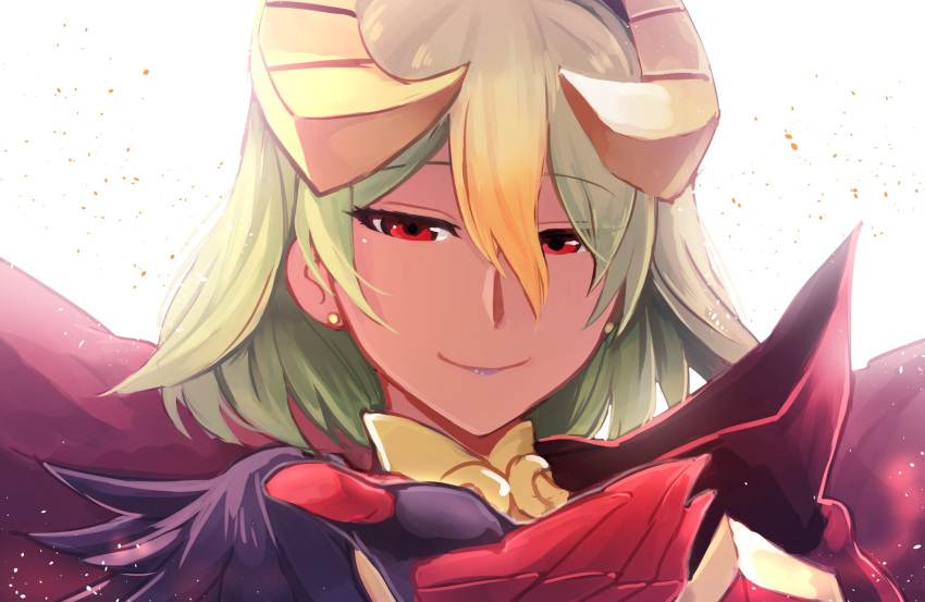 1girl closed_mouth dark_skin earrings fire_emblem fire_emblem_heroes gauntlets gradient_hair green_hair hair_between_eyes highres jewelry laegjarn_(fire_emblem_heroes) multicolored_hair nakabayashi_zun nintendo orange_hair outstretched_arm red_eyes short_hair simple_background solo white_background