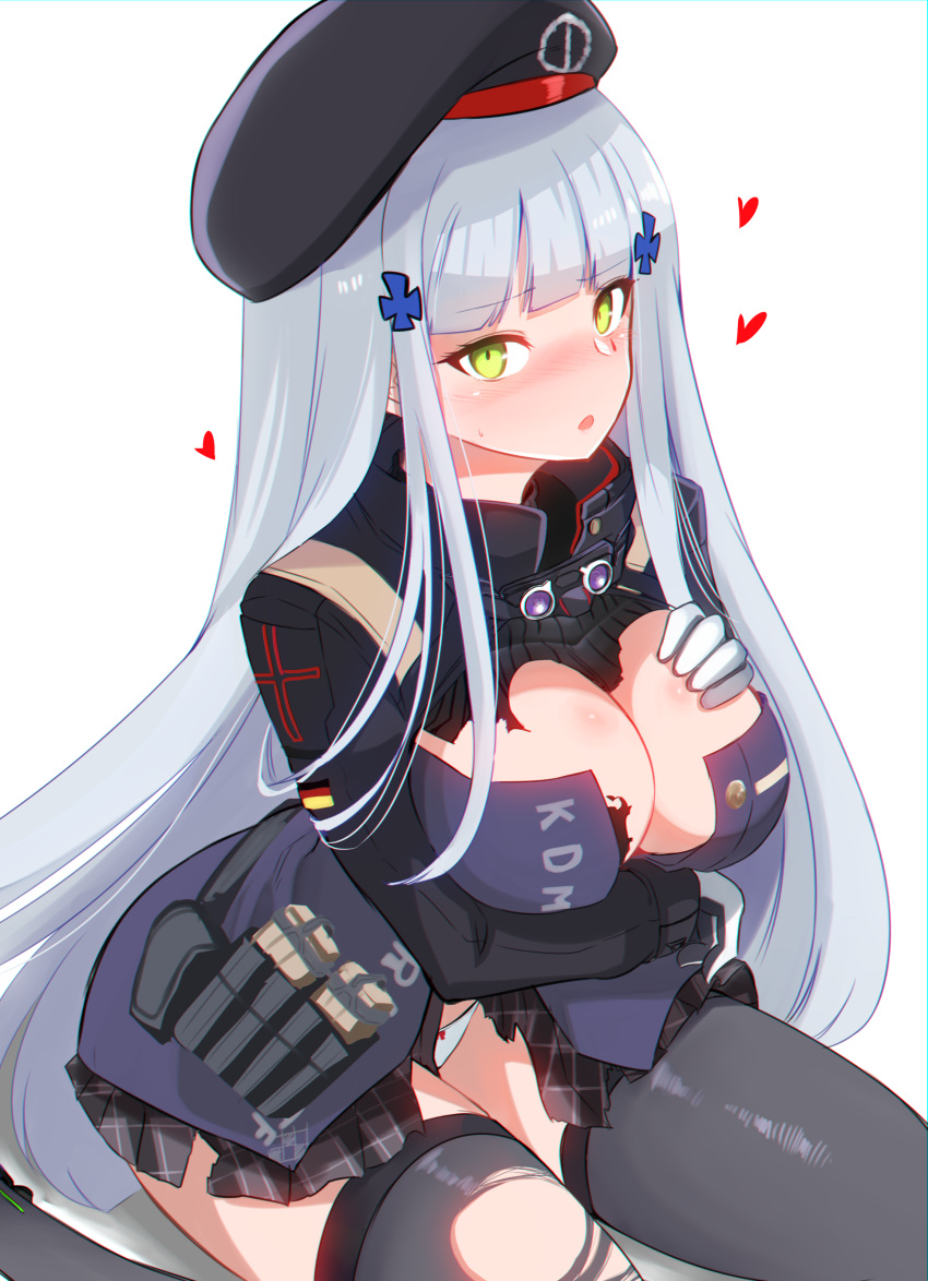 10eki_(tenchou) 1girl absurdres ammunition_pouch arm_under_breasts bangs beret black_legwear blunt_bangs blush bow bow_panties breast_suppress breasts cleavage clothes_writing commentary_request damaged eyebrows_visible_through_hair facial_mark flying_heart german_flag girls_frontline gloves green_eyes gun hair_ornament hat highres hk416_(girls_frontline) jacket long_hair looking_at_viewer magazine_(weapon) medium_breasts open_mouth panties plaid plaid_skirt pleated_skirt pouch silver_hair simple_background sitting skirt solo sweatdrop teardrop thigh-highs thighs torn_clothes torn_jacket torn_skirt torn_thighhighs underwear very_long_hair wariza weapon white_background white_panties