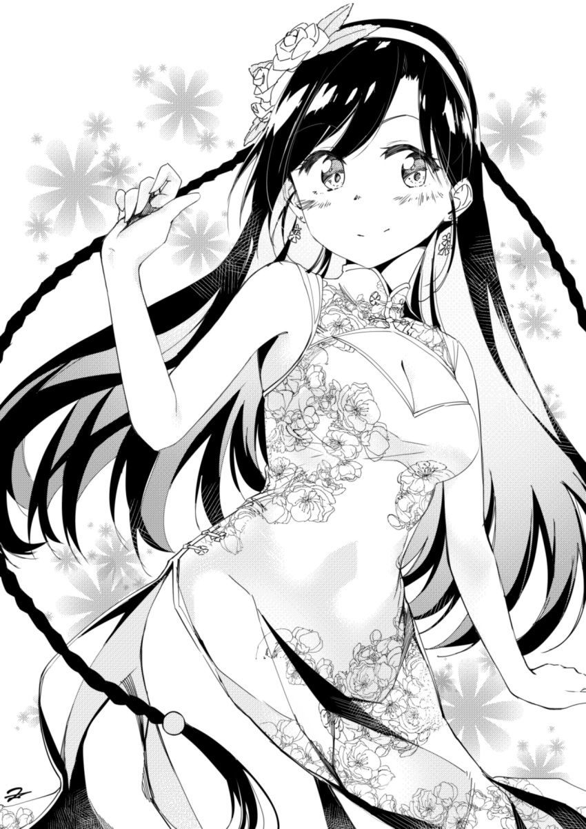 1girl arm_up bangs bare_arms bare_shoulders black_hair blush braid breasts china_dress chinese_clothes cleavage cleavage_cutout closed_mouth cowboy_shot cropped_legs dress earrings eyebrows floral_background floral_print flower flower_earrings greyscale hair_flower hair_ornament hairband highres jewelry kanakura_yui long_hair looking_at_viewer medium_breasts monochrome nisekoi print_dress rose side_slit smile solo standing twin_braids very_long_hair white_background yomio