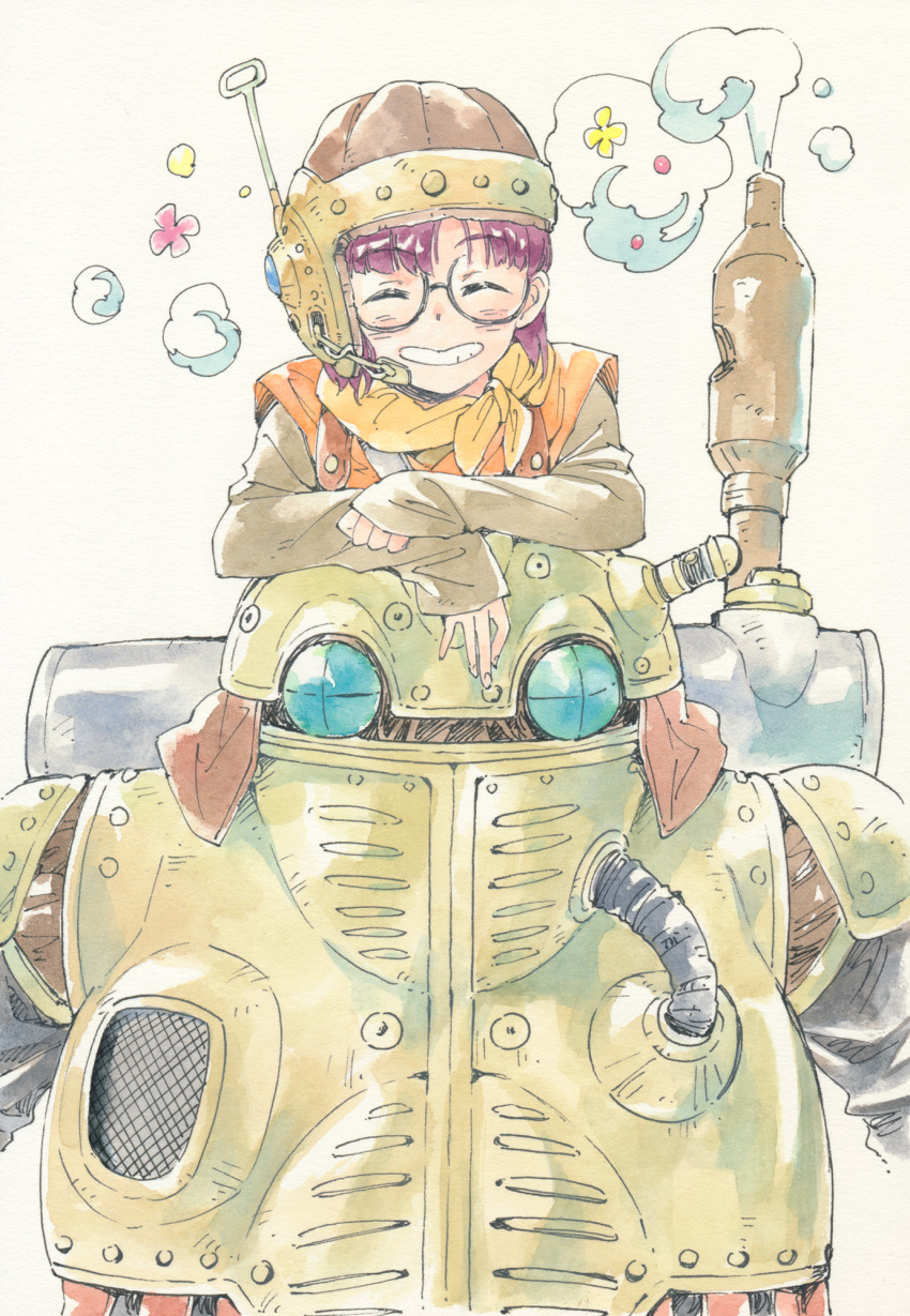 1girl agahari bandanna black-framed_eyewear chrono_trigger closed_eyes facing_viewer glasses grey_background helmet highres long_sleeves lucca_ashtear microphone pink_hair robo robot round_eyewear short_hair simple_background smile smoke solo