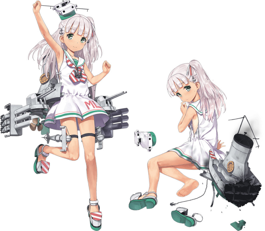 1girl arm_up dress green_eyes jiji kantai_collection long_hair maestrale_(kantai_collection) official_art sailor_dress silver_hair sleeveless sleeveless_dress smile smoke smokestack solo white_dress