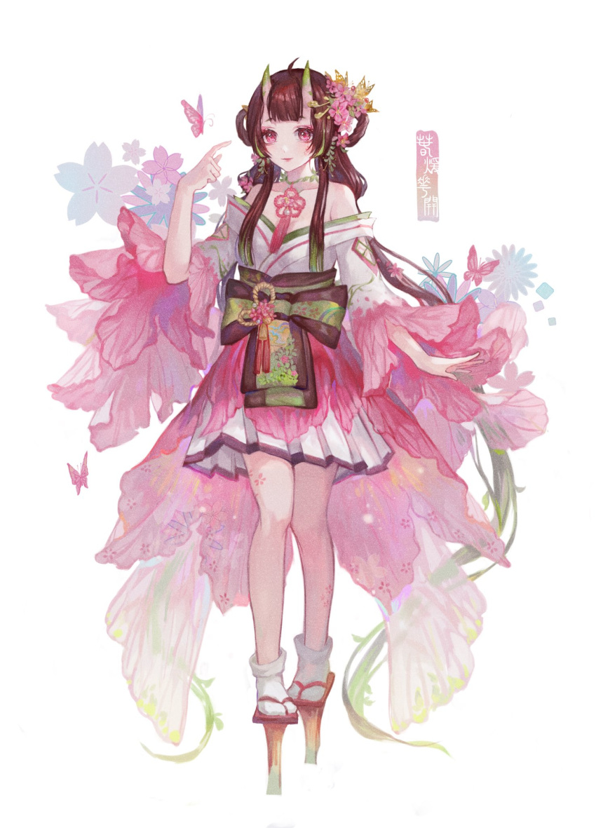 1girl bangs bare_shoulders black_hair blunt_bangs blush bug butterfly commentary flower flower_tattoo full_body hair_flower hair_ornament hair_rings hakama_skirt highres insect japanese_clothes jewelry kimono long_sleeves low_tied_hair low_twintails maccha_(mochancc) momo_(onmyoji) nature necklace obi off_shoulder oni_horns onmyoji parted_bangs peach_blossom petals platform_footwear pleated_skirt red_eyes sash short_eyebrows sidelocks simple_background skirt smile socks solo standing tabi tassel twintails waist_bow white_background white_kimono white_skirt wide_sleeves zouri