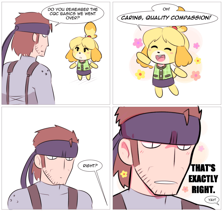 1boy 1girl 4koma absurdres animal_ears blonde_hair blush_stickers bodysuit closed_eyes comic dog dog_ears dog_tail doubutsu_no_mori english flower happy headband highres metal_gear_(series) metal_gear_solid nintendo shizue_(doubutsu_no_mori) simple_background skirt smile solid_snake speech_bubble super_smash_bros. super_smash_bros_ultimate tail theycallhimcake topknot white_background