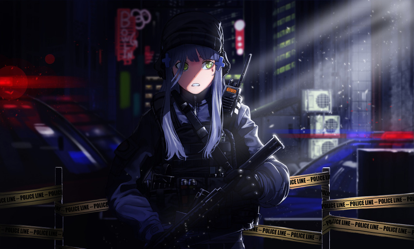 1girl blue_hair dust_particles facial_mark girls_frontline green_eyes gun hair_ornament highres hk416_(girls_frontline) holding holding_gun holding_weapon ihobus long_hair looking_to_the_side military military_uniform night open_mouth outdoors police rifle solo standing sunlight uniform upper_body walkie-talkie weapon