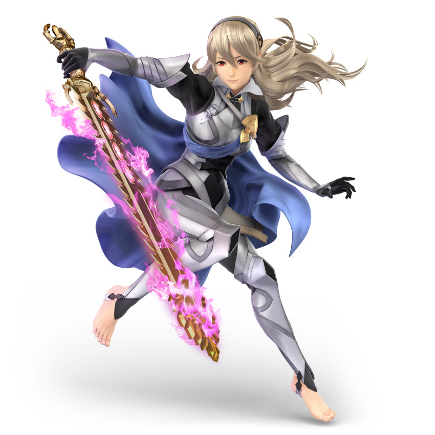 1girl 3d absurdres armor barefoot blonde_hair blue_cape cape dragon_girl feet female_my_unit_(fire_emblem_if) fire_emblem fire_emblem_heroes fire_emblem_if glowing glowing_weapon highres huge_filesize intelligent_systems kamui_(fire_emblem) long_hair looking_at_viewer my_unit_(fire_emblem_if) nintendo official_art pointy_ears pose red_eyes slit_pupils smile solo super_smash_bros. super_smash_bros._ultimate sword toes transparent_background weapon