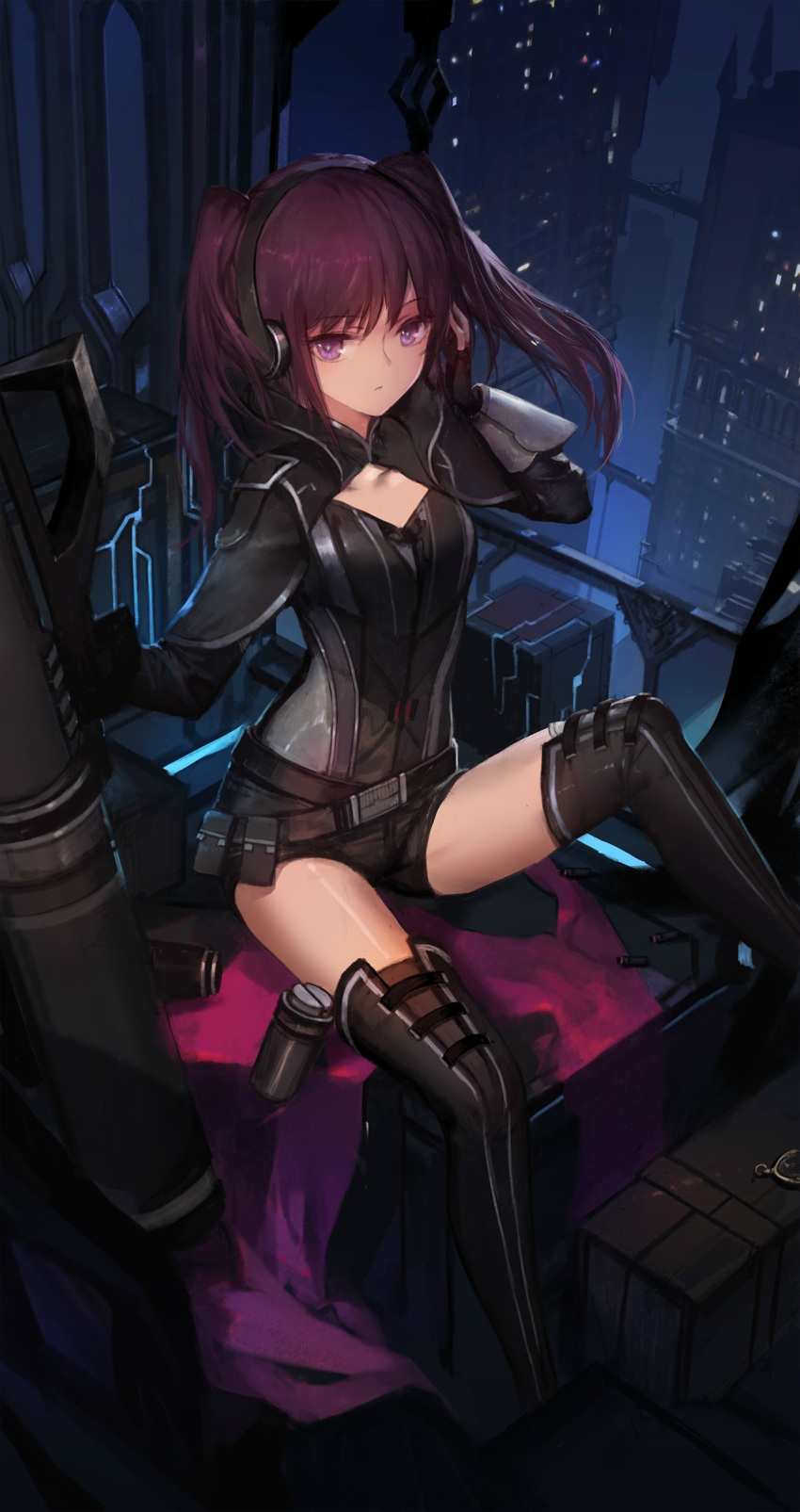 1girl absurdres black_footwear black_gloves black_shorts boots brown_hair cleavage_cutout collarbone fingerless_gloves floating_hair gloves highres holding long_hair looking_at_viewer night original outdoors shiny shiny_skin short_shorts shorts sitting solo swd3e2 thigh-highs thigh_boots twintails violet_eyes