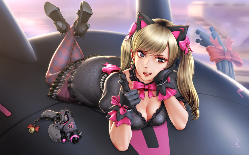 1girl ;d animal_ears back bell black_cat_d.va black_dress black_gloves blonde_hair breasts cat_ears cleavage commentary_request d.va_(overwatch) dress earrings fake_animal_ears gloves gun hand_rest heart heart_earrings high_heels highres horiishi_horuto jewelry jingle_bell legs_crossed legs_up long_hair looking_at_viewer lying medium_breasts meka_(overwatch) on_stomach one_eye_closed open_mouth overwatch pantyhose pointing pointing_at_viewer purple_legwear revision smile solo twintails weapon