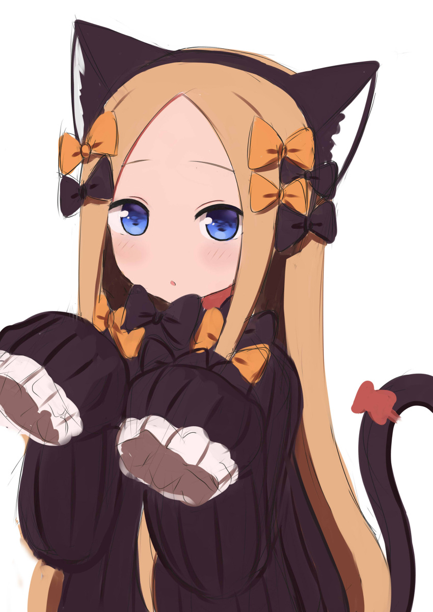 1girl :o abigail_williams_(fate/grand_order) absurdres animal_ears bangs black_bow black_dress blonde_hair blue_eyes blush bow cat_ears cat_girl cat_tail commentary_request dress fate/grand_order fate_(series) forehead hair_bow haku_(pcts7547) hands_up highres long_hair long_sleeves looking_at_viewer orange_bow parted_bangs parted_lips red_bow simple_background sketch sleeves_past_fingers sleeves_past_wrists solo tail tail_bow tail_raised very_long_hair white_background