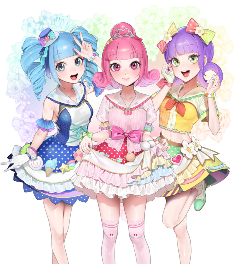 3girls :d absurdres bangs blue_dress blue_eyes blue_hair blunt_bangs bow bowtie bracelet closed_mouth curly_hair detached_sleeves dress drill_hair eyebrows_visible_through_hair flower frilled_skirt frills gloves green_eyes green_footwear hair_bow hand_up hat highres jewelry looking_at_viewer midriff mini_hat multiple_girls ohisashiburi open_mouth over-kneehighs pink_bow pink_eyes pink_hair purple_hair red_bow red_neckwear sailor_collar school_uniform serafuku shirt shoes short_hair short_sleeves skirt skirt_hold smile socks standing standing_on_one_leg thigh-highs tiara tilted_headwear twin_drills v w white_flower white_gloves white_legwear yellow_bow yellow_shirt yellow_skirt