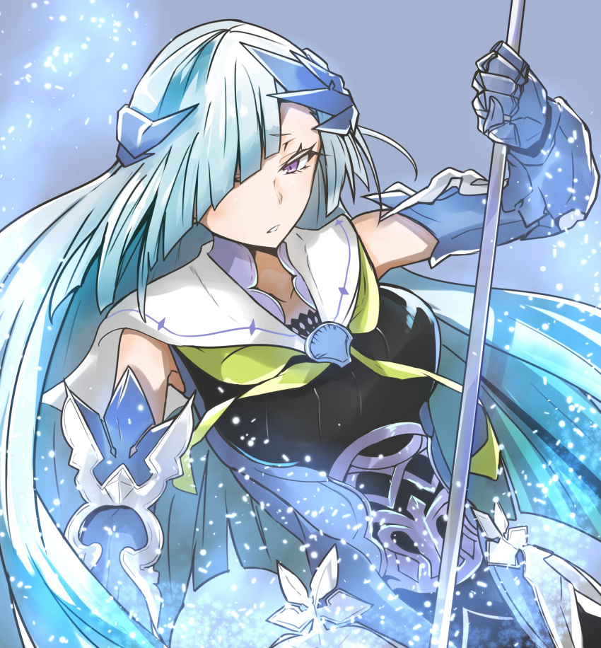 1girl absurdres blue_fire brynhildr_(fate) fate/prototype fate/prototype:_fragments_of_blue_and_silver fate_(series) fire gauntlets gin_moku hair_over_one_eye highres holding holding_weapon long_hair polearm silver_hair spear very_long_hair violet_eyes weapon