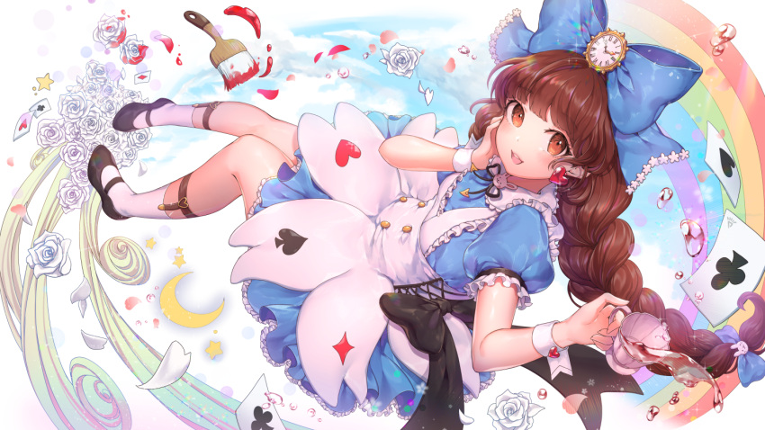 1girl ;d black_bow black_footwear blue_bow blue_dress blue_sky bow braid brown_eyes brown_hair card clock clouds crescent cup dorothy_(teria_saga) dress droplet earrings flower full_body hand_on_own_cheek heart heart_earrings jewelry leg_belt long_hair one_eye_closed open_mouth ozzingo paintbrush playing_card puffy_short_sleeves puffy_sleeves rainbow rose shoes short_sleeves sitting sky smile socks spilling teacup teria_saga very_long_hair white_flower white_legwear white_rose wristband