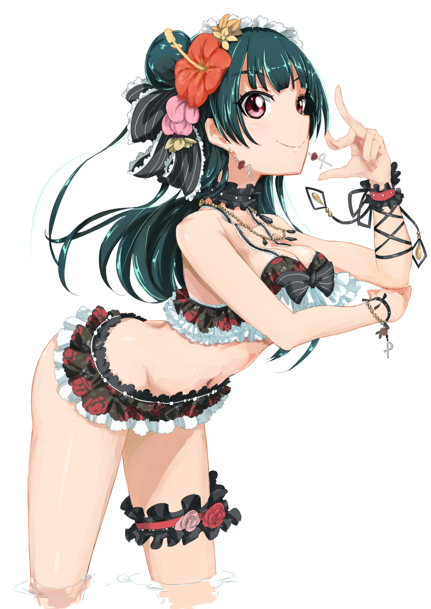 1girl absurdres bikini black_bow bow breasts choker cleavage collarbone eyebrows_visible_through_hair floating_hair floral_print flower frilled_bikini frills green_hair groin hair_bun hair_flower hair_ornament headdress hibiscus highres jewelry leaning_forward long_hair looking_at_viewer love_live! love_live!_sunshine!! medium_breasts navel necklace print_bikini qualitynine117 red_eyes red_flower red_rose rose shiny shiny_hair sideboob simple_background smile solo standing striped striped_bow swimsuit thigh_strap tsushima_yoshiko wading white_background wrist_cuffs