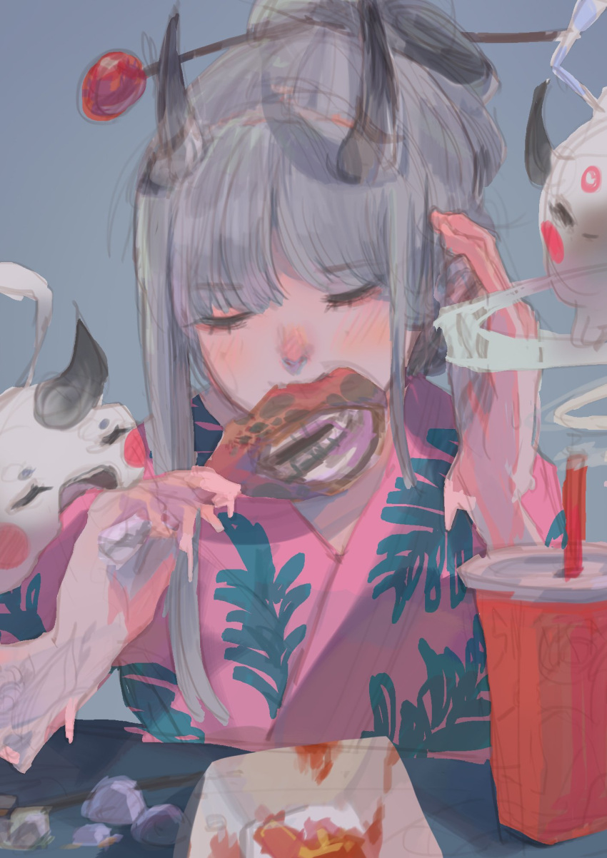 1girl blush chicken_leg closed_eyes commentary dochanhee drinking_pee drinking_straw eating english_commentary eyebrows_visible_through_hair food ghost grey_background grey_hair hair_ornament hair_stick highres holding holding_food horns japanese_clothes kimono pink_kimono simple_background solo