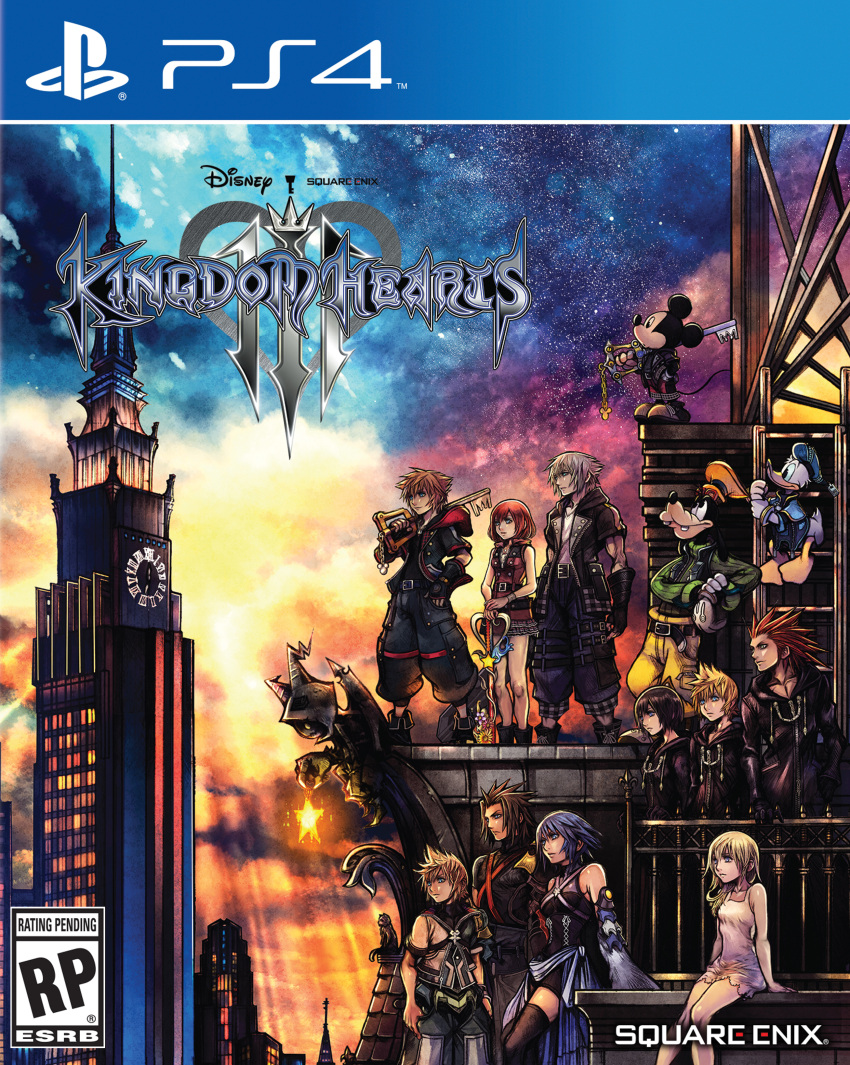 4girls 6+boys absurdres against_wall animal_ears aqua_(kingdom_hearts) axel_(kingdom_hearts) black_coat black_coat_(kingdom_hearts) black_hair blonde_hair blue_eyes box_art building city clock clock_tower coat copyright_name detached_sleeves disney donald_duck dress game_console gargoyle goofy hat heartless highres hood hoodie kairi_(kingdom_hearts) keyblade kingdom_hearts kingdom_hearts_iii ladder logo looking_to_the_side mickey_mouse mouse_ears mouse_tail multiple_boys multiple_girls namine nomura_tetsuya official_art over_shoulder playstation playstation_4 redhead riku roxas serious short_dress sitting skyscraper smile sora_(kingdom_hearts) spiky_hair square_enix standing strap tail terra_(kingdom_hearts) tower twilight ventus weapon weapon_over_shoulder xion_(kingdom_hearts)