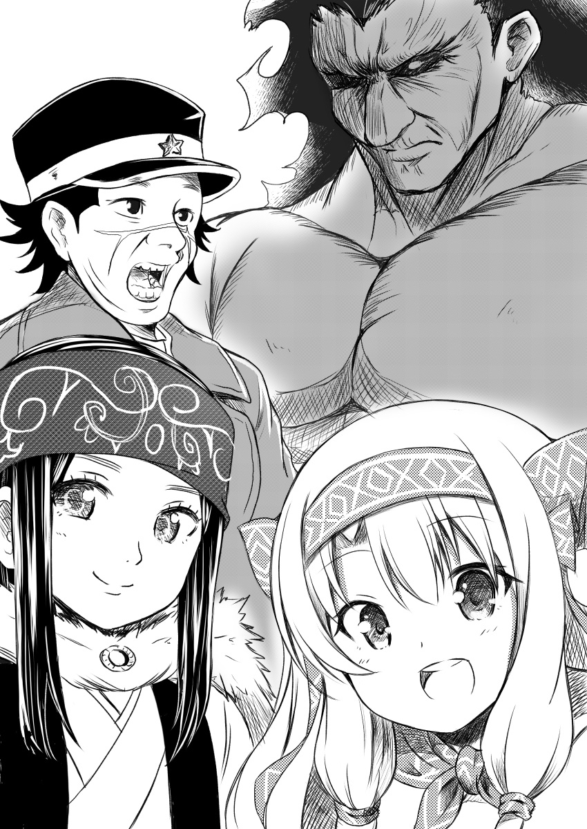 2boys 2girls absurdres ainu ainu_clothes asirpa bandanna berserker black_hair crossover dark_skin dark_skinned_male facial_scar fate/grand_order fate_(series) fur_collar golden_kamuy greyscale hair_tie hat headband highres illyasviel_von_einzbern long_hair looking_at_viewer military_hat monochrome multiple_boys multiple_girls scar shibakame short_hair sidelocks sugimoto_saichi white_hair