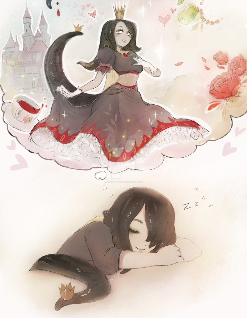 1girl black_dress black_hair blood castle closed_eyes closed_mouth commentary crown cup dreaming dress english_commentary frilled_dress frills gem gloves hair_over_one_eye hand_up heart highres jewelry long_dress matilda_vin monster_girl necklace original puffy_short_sleeves puffy_sleeves short_sleeves skirt_hold smile solo tail tentacle_hair thought_bubble white_eyes white_gloves zzz