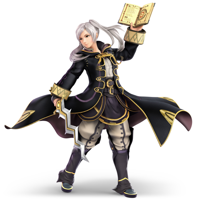 1girl 3d absurdres arm_up book coat female_my_unit_(fire_emblem:_kakusei) fire_emblem fire_emblem:_kakusei fire_emblem_heroes full_body highres huge_filesize intelligent_systems looking_to_the_side my_unit_(fire_emblem:_kakusei) nintendo official_art open_book pose reflet robin_(fire_emblem) robin_(fire_emblem)_(female) serious silver_hair solo standing super_smash_bros. super_smash_bros_ultimate sword transparent_background twintails weapon