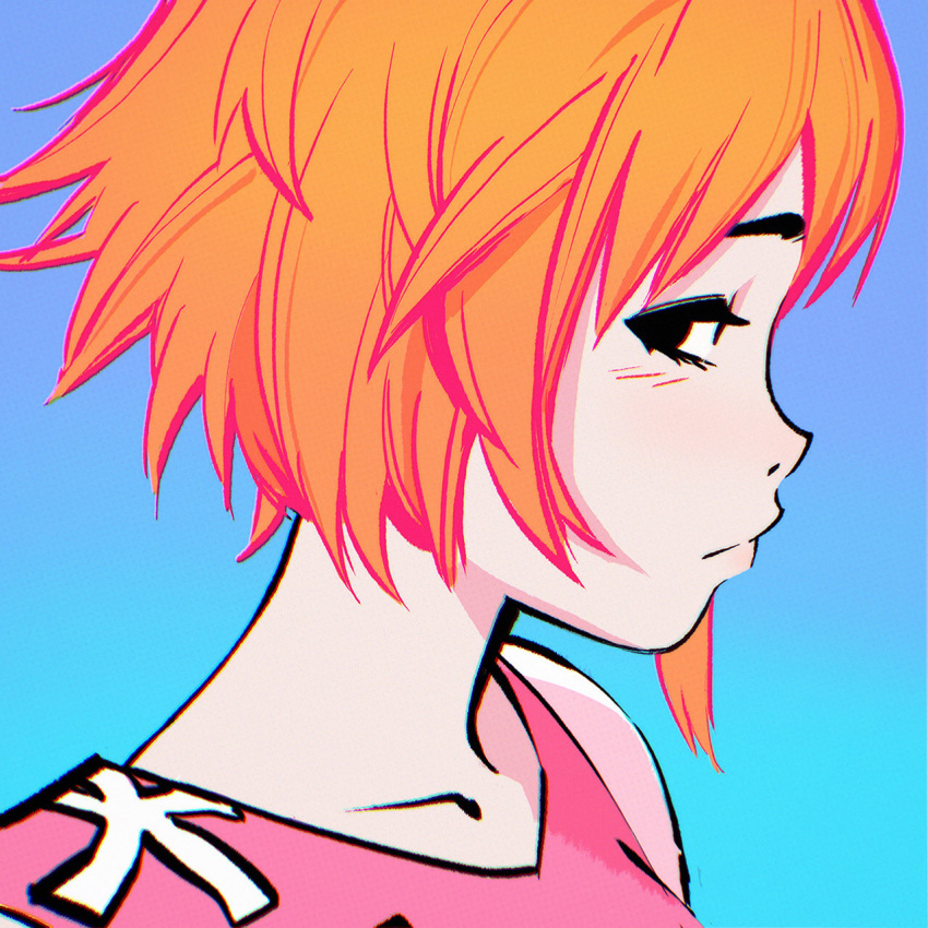 1girl black_eyes blue_background blush character_request close-up closed_mouth face gorillaz gradient gradient_background highres ilya_kuvshinov looking_at_viewer orange_hair profile short_hair solo tank_top