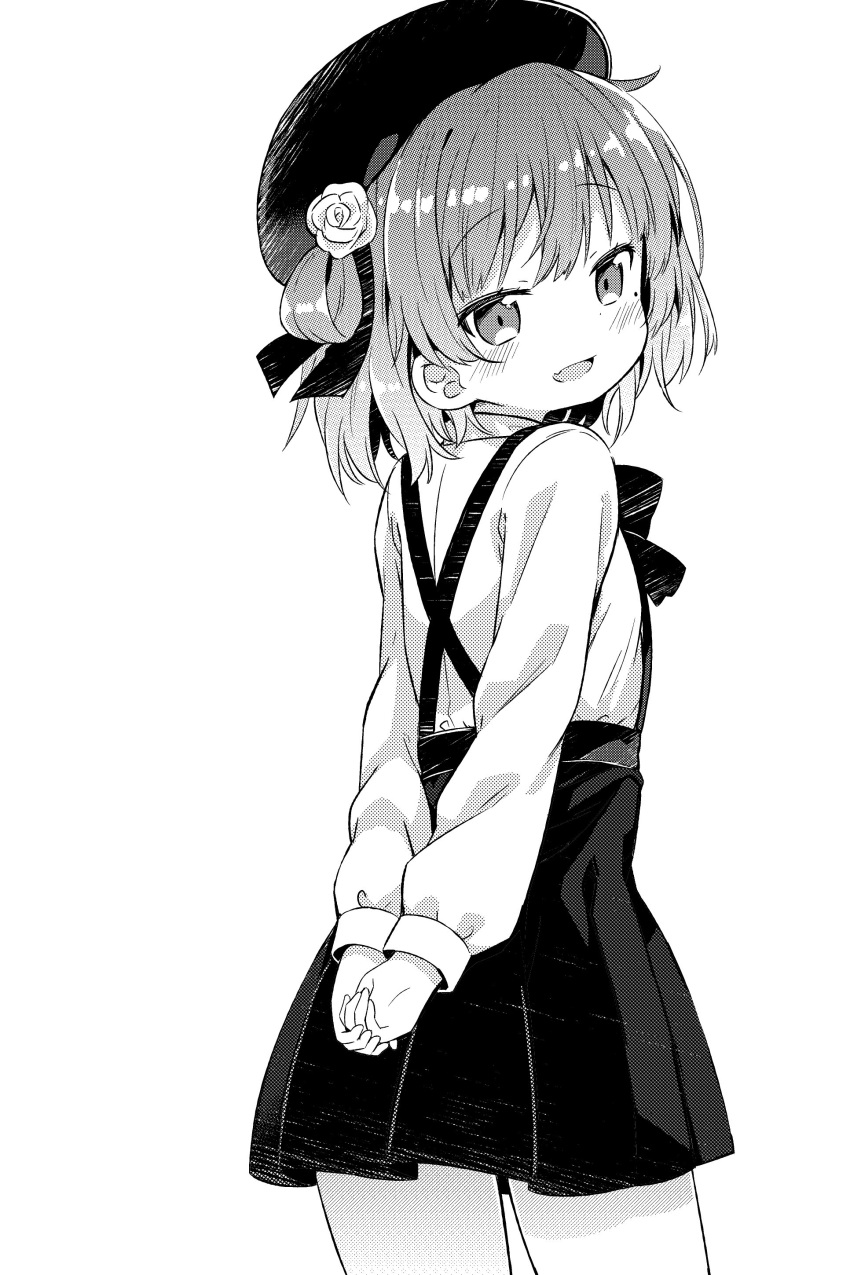 1girl absurdres arms_behind_back beret black_skirt from_behind hands_together hat hatoba_tsugu hatoba_tsugu_(character) highres looking_back monochrome muku_(muku-coffee) open_mouth shirt short_hair shorts shorts_under_skirt simple_background skirt smile solo suspenders virtual_youtuber white_background white_shirt