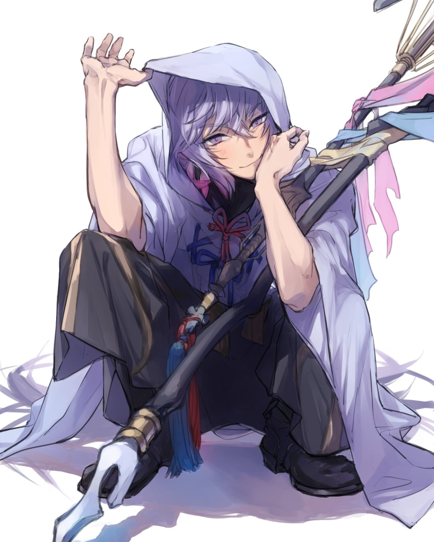 1boy ashita_kura blush fate/grand_order fate_(series) full_body hair_between_eyes highres holding holding_staff hood hood_up hooded_robe looking_at_viewer male_focus merlin_(fate) purple_hair robe shadow simple_background smile solo squatting staff violet_eyes white_background