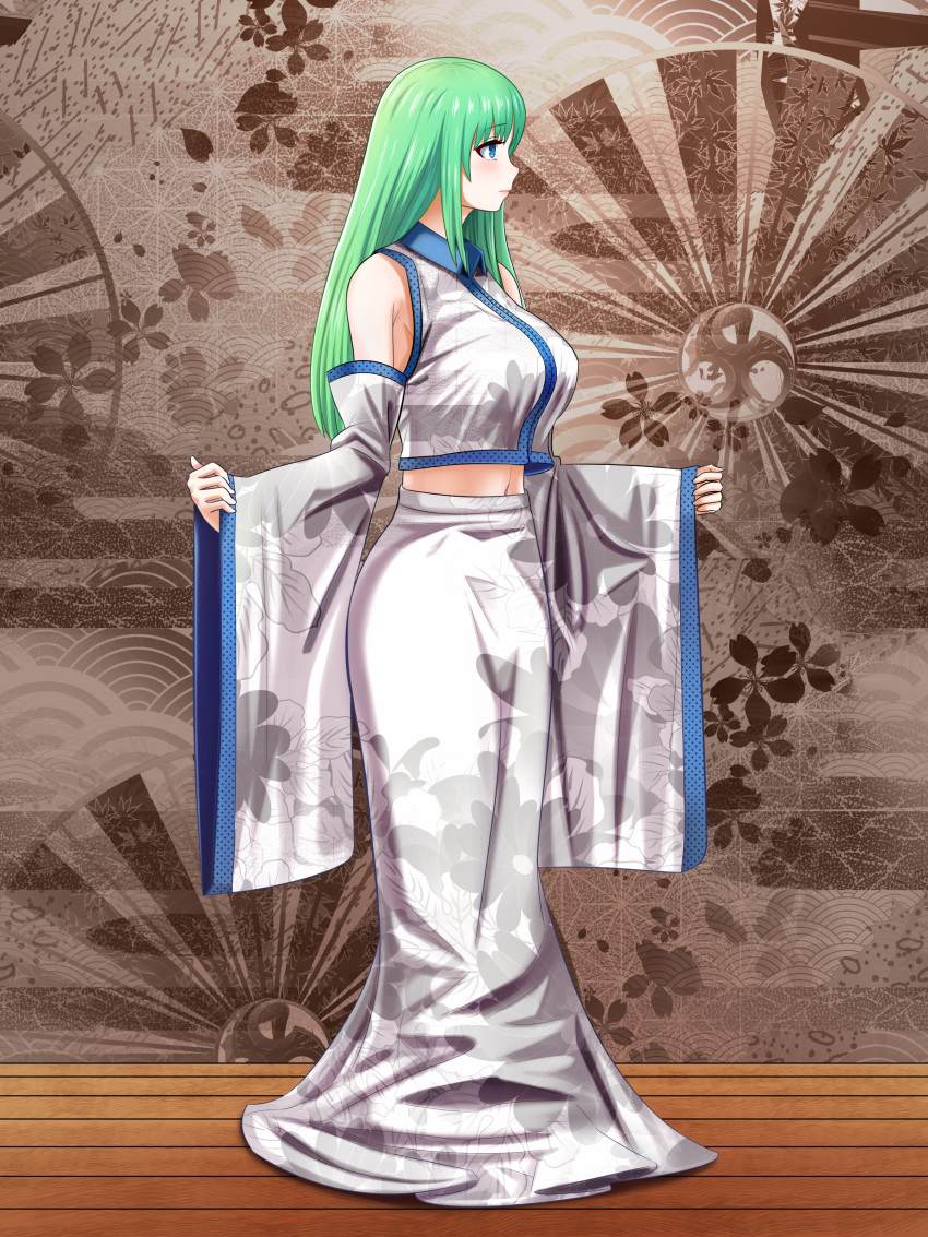 1girl absurdres bare_shoulders blue_eyes breasts brown_background closed_mouth collared_shirt commentary_request detached_sleeves eyebrows_visible_through_hair floral_print from_side green_hair highres jellyring kochiya_sanae large_breasts long_hair long_skirt midriff_peek profile shirt skirt solo standing touhou white_skirt wide_sleeves wing_collar