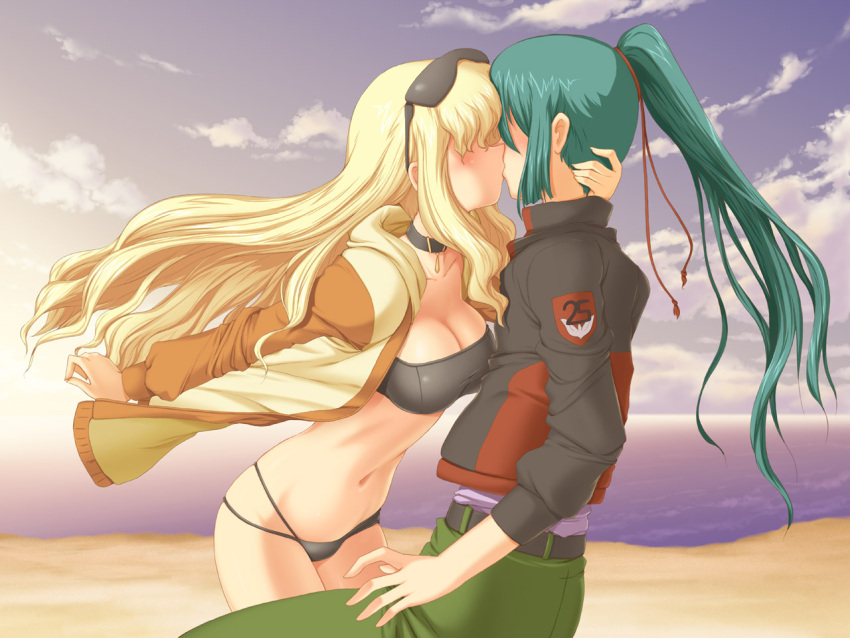 1girl aokihoshi beach bikini blonde_hair blue_hair closed_eyes couple green_hair jacket kiss long_hair macross macross_frontier ocean ponytail saotome_alto sea sheryl_nome sunglasses swimsuit