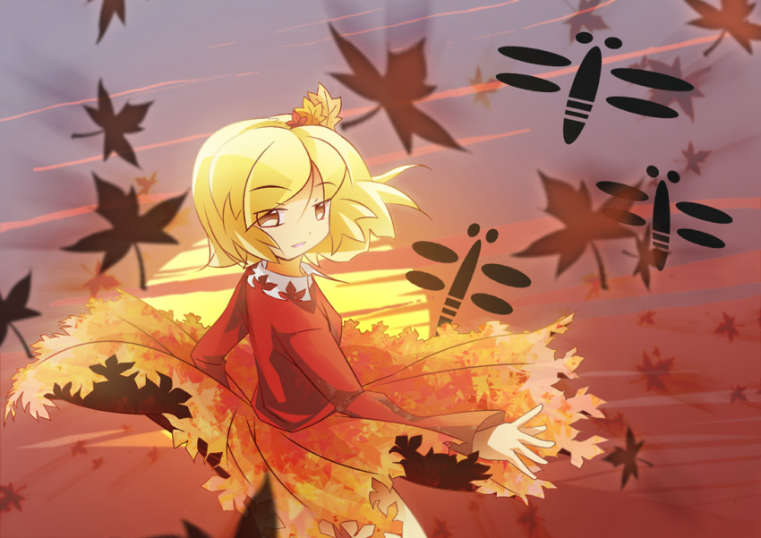 autumn blonde_hair dress leaf leaves maple_leaf shokkin short_hair solo sunset touhou yellow_eyes