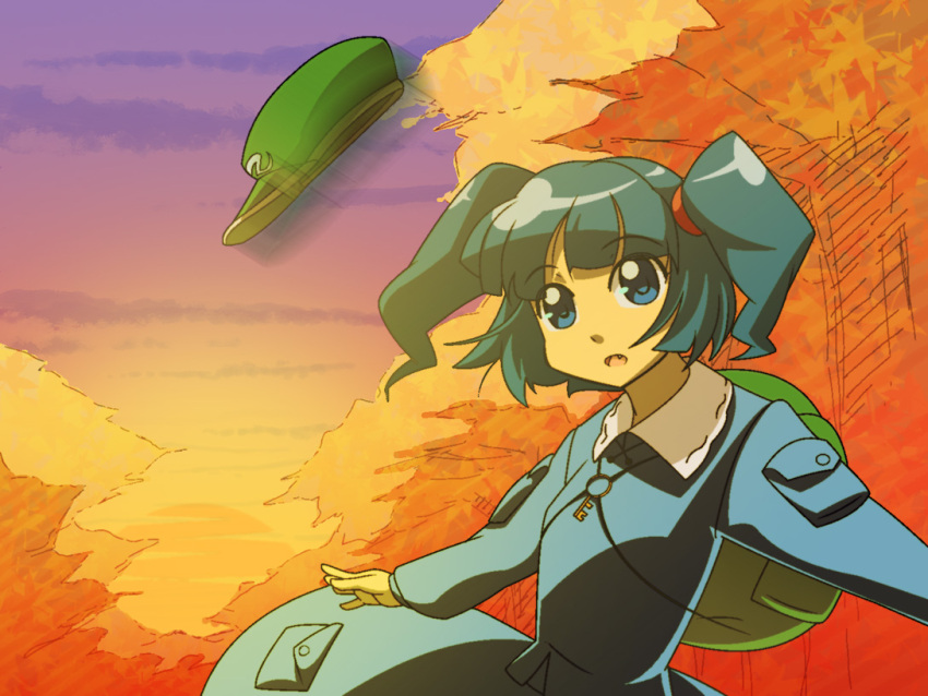 backpack bag blue_dress blue_eyes blue_hair dress evening fang hair_bobbles hair_ornament hat hat_removed headwear_removed kawashiro_nitori nature shokkin sunset touhou twintails
