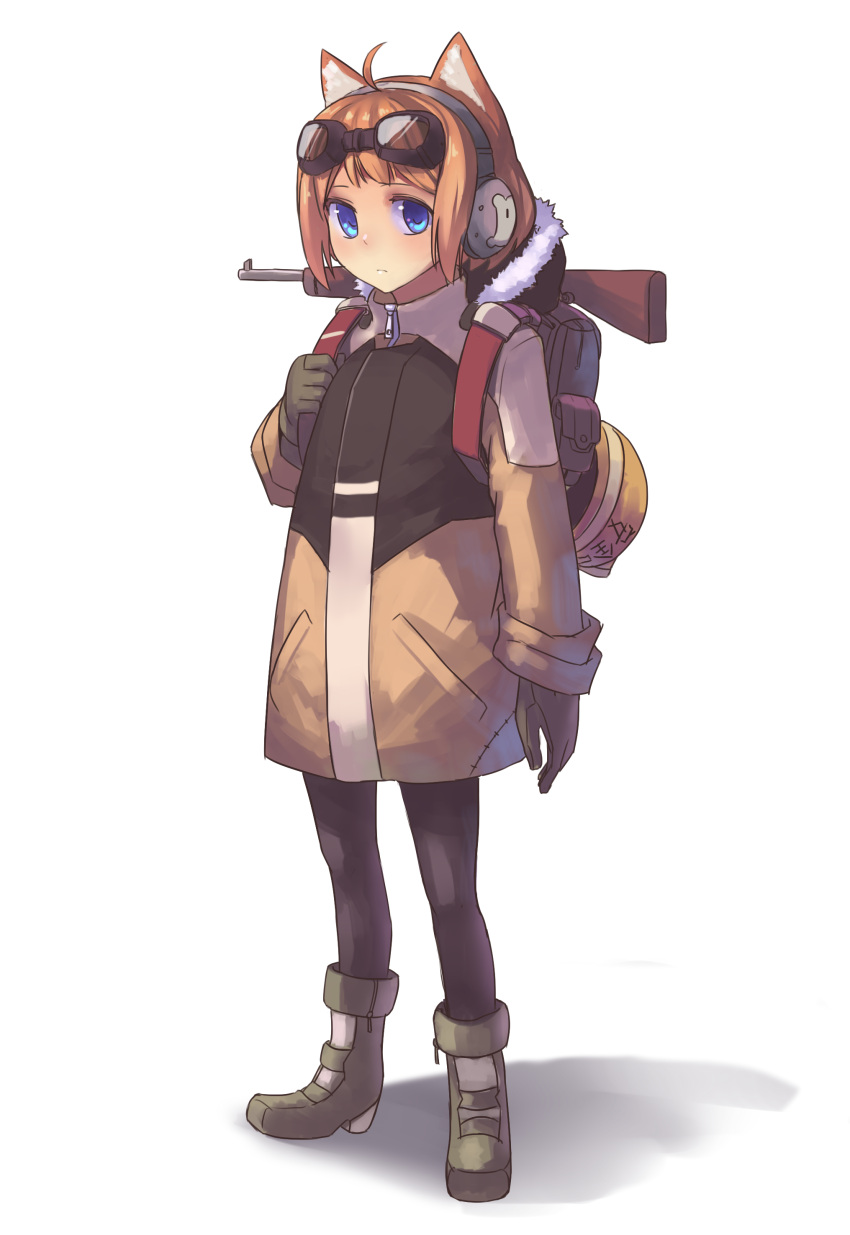 1girl absurdres ahoge animal_ears backpack bag bangs black_legwear blue_eyes boots cat_ears closed_mouth coat eyebrows frown fur_trim gloves goggles goggles_on_head green_footwear gun headphones headwear_removed helmet helmet_removed high_heels highres hood hood_down hooded_coat long_sleeves looking_at_viewer orange_hair original pantyhose pocket redhead short_hair stitches virgosdf weapon white_background winter_clothes winter_coat zipper