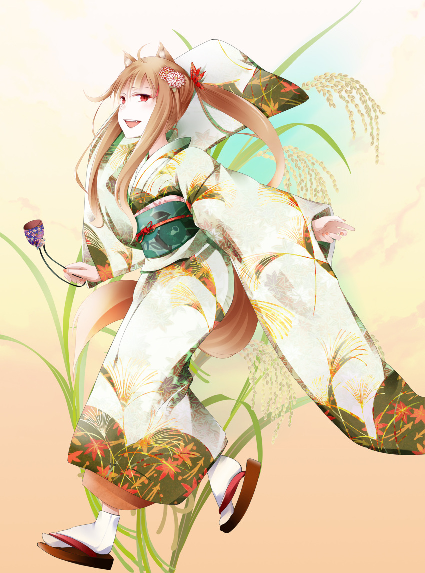 1girl absurdres animal_ears brown_hair commentary_request eyebrows_visible_through_hair fang floral_print flower fudo_shin hair_flower hair_ornament highres holo japanese_clothes kanzashi kimono long_sleeves looking_at_viewer obi open_mouth ponytail pouch sandals sash solo spice_and_wolf tabi tail wheat wide_sleeves wolf_ears wolf_girl wolf_tail yukata
