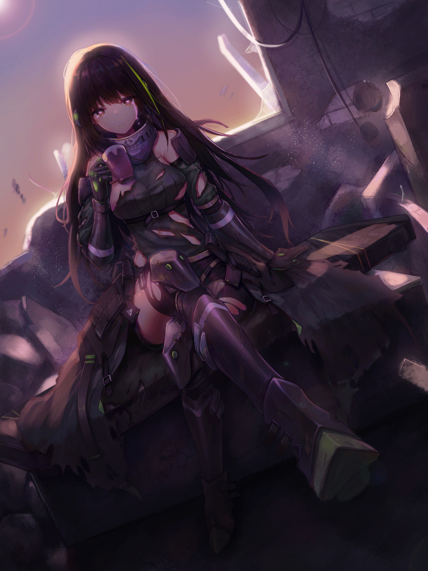 1girl 735308747 absurdres arm_strap armor armpit_crease assault_rifle asymmetrical_legwear bandanna bangs blurry blurry_background boots brown_eyes brown_hair case closed_mouth clothes_around_waist cowboy_shot crying crying_with_eyes_open cup detached_sleeves dust_particles elbow_pads evening expressionless eyebrows_visible_through_hair full_body gauntlets girls_frontline gloves green_hair gun hair_between_eyes headset highres holding holding_cup indoors jacket_around_waist legs_crossed long_hair looking_at_viewer m4a1_(girls_frontline) magazine_(weapon) mod3_(girls_frontline) multicolored_hair no_bra pouch ribbed_legwear ribbed_sweater rifle ruins scope sidelocks sitting skindentation solo strap streaked_hair sweater sweater_vest tears thigh-highs thigh_boots thigh_strap thighs torn_clothes torn_jacket torn_sweater torn_thighhighs trigger_discipline weapon weapon_case wind wind_lift