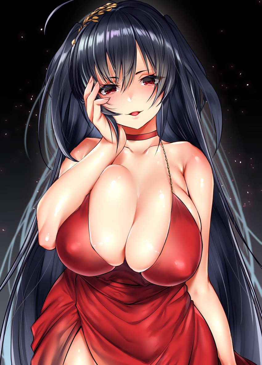 1girl ahoge azur_lane bangs bare_shoulders black_hair blush breasts buta_tamako cleavage collar collarbone commentary_request dress eyebrows_visible_through_hair hair_between_eyes hair_ornament hand_on_own_cheek highres huge_breasts long_hair looking_at_viewer open_mouth red_dress red_eyes solo taihou_(azur_lane) tongue very_long_hair