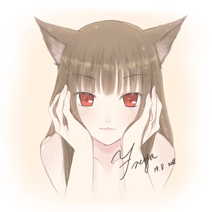 1girl :3 absurdres animal_ears artist_name brown_hair collarbone commentary_request earlgery_choco_(freya) eyebrows_visible_through_hair gradient gradient_background head_rest highres holo long_hair looking_at_viewer nude red_eyes signature solo spice_and_wolf wolf_ears wolf_girl