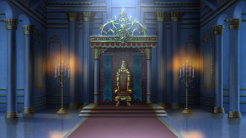 burning candelabra candle fire indoors night no_humans original pillow red_carpet reflective_floor scenery stairs stone_stairs suishougensou throne throne_room