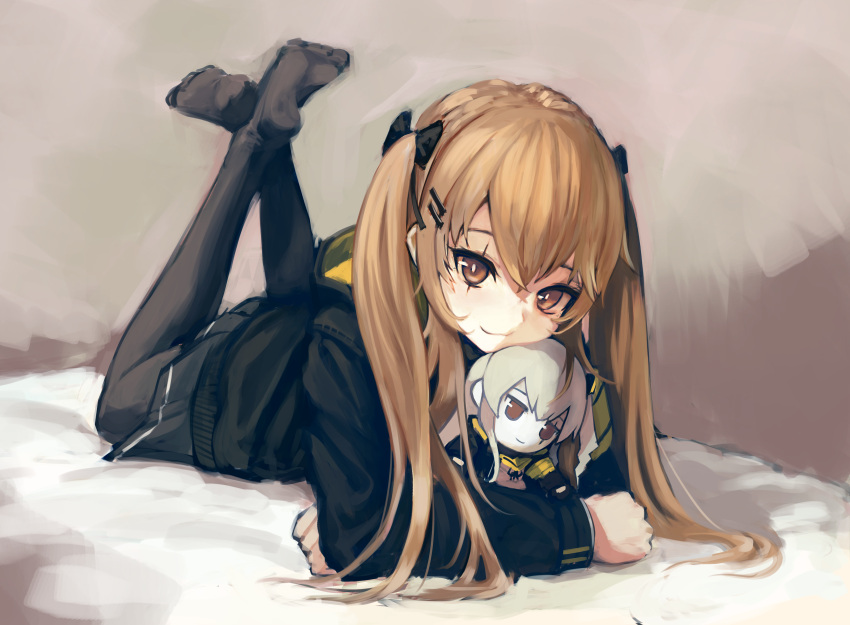 1girl absurdres arm_support bangs bed_sheet black_legwear bow brown_eyes brown_hair character_doll commentary_request girls_frontline hair_bow hair_ornament hairclip hara_shoutarou head_tilt highres hood hood_down hooded_jacket jacket legs_up long_hair long_sleeves looking_at_viewer lying no_shirt on_stomach pantyhose scar scar_across_eye skirt smile solo twintails ump45_(girls_frontline) ump9_(girls_frontline)