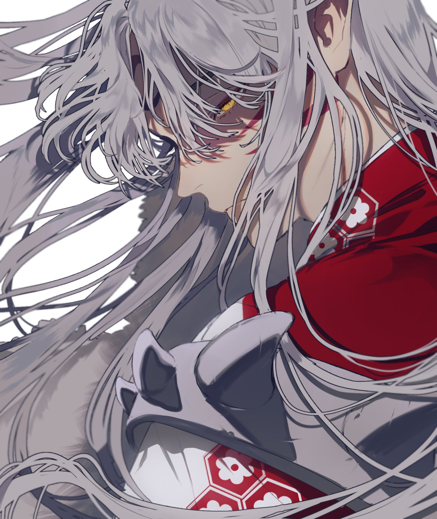 1boy bangs closed_mouth commentary_request facial_mark forehead_mark from_side highres inuyasha japanese_clothes long_hair looking_at_viewer mgmg_1012 pointy_ears profile sesshoumaru silver_hair solo yellow_eyes